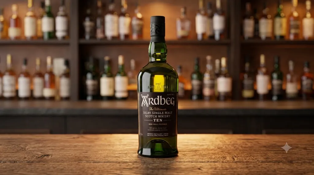 Chai rượu Ardbeg Ten Islay Single Malt Scotch Whisky trên quầy bar