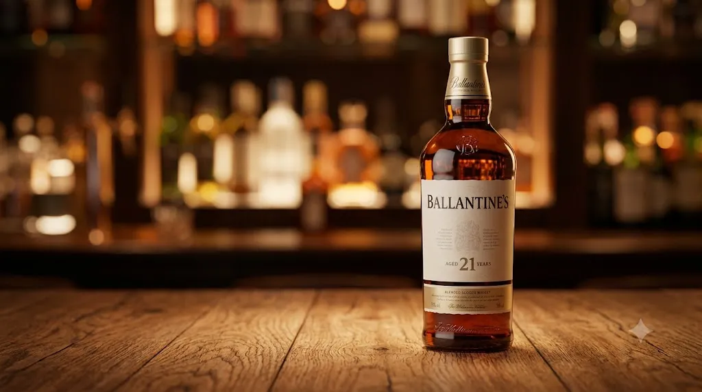 Chai rượu Ballantine's Aged 21 Years trên quầy bar