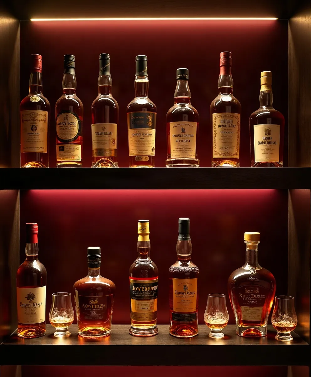 Kệ gỗ hắt đèn đỏ với hai hàng chai whisky và cognac nhiều kiểu dáng
