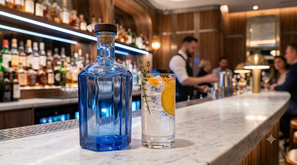 Chai gin xanh sapphire tại quầy bar hiện đại cùng ly gin tonic