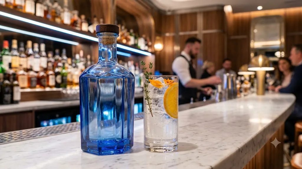 Chai gin xanh sapphire tại quầy bar hiện đại cùng ly gin tonic