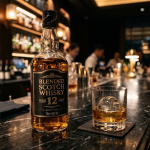 Chai whisky Scotch blended 12 năm trên quầy đá cẩm thạch trong quán bar sang trọng