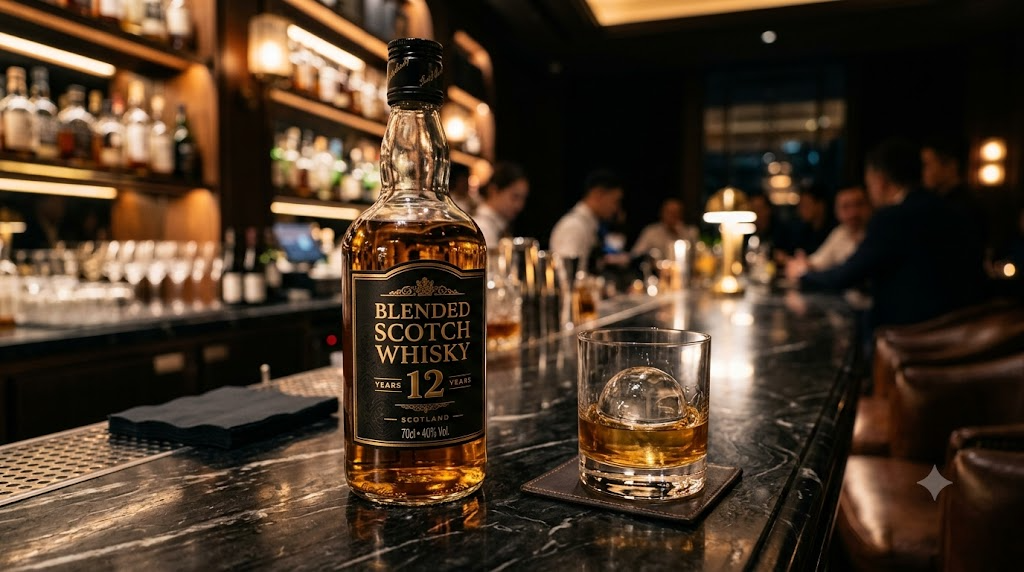 Chai whisky Scotch blended 12 năm trên quầy đá cẩm thạch trong quán bar sang trọng