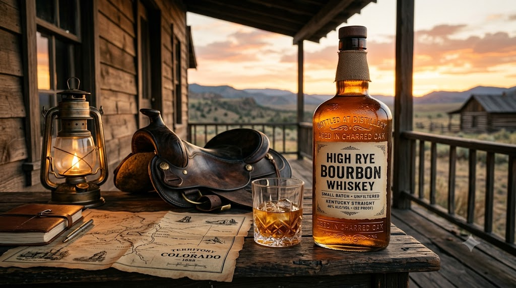Chai bourbon high rye chữ nổi trên hiên nhà gỗ kiểu biên giới miền Tây nước Mỹ lúc hoàng hôn