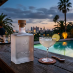 Chai rượu Casamigos tequila trên quầy bar ngoài trời phong cách Hollywood Hills