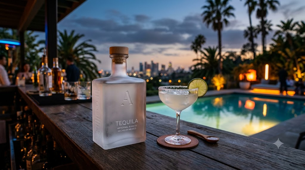 Chai rượu Casamigos tequila trên quầy bar ngoài trời phong cách Hollywood Hills