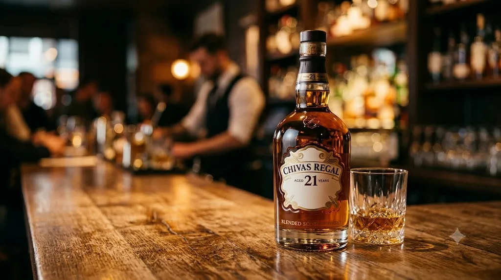 Chai rượu Chivas Regal Aged 21 Years Blended Scotch Whisky trên quầy bar