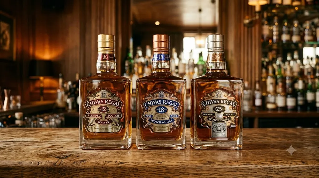 Ba chai Chivas Regal 12, 18 và 25 năm đặt cạnh nhau