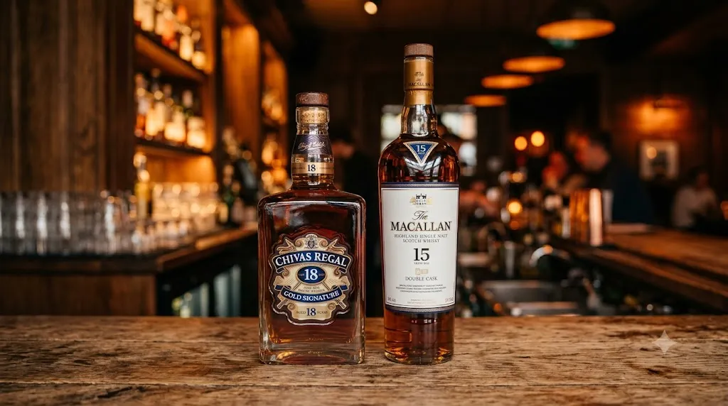 Chai Chivas Regal 18 Gold Signature và Macallan 15 Double Cask đặt cạnh nhau