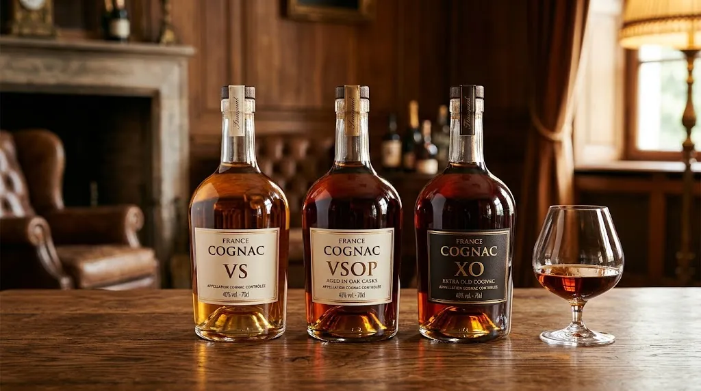 Nhãn Cognac VS, VSOP và XO đặt cạnh nhau