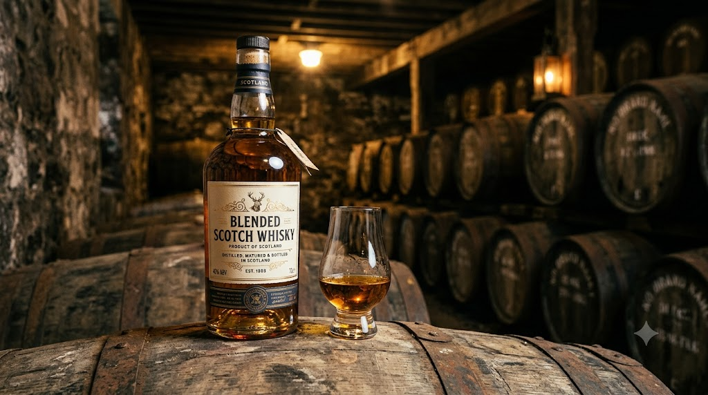 Chai whisky Scotch blended trên thùng gỗ sồi trong hầm ủ rượu Scotland