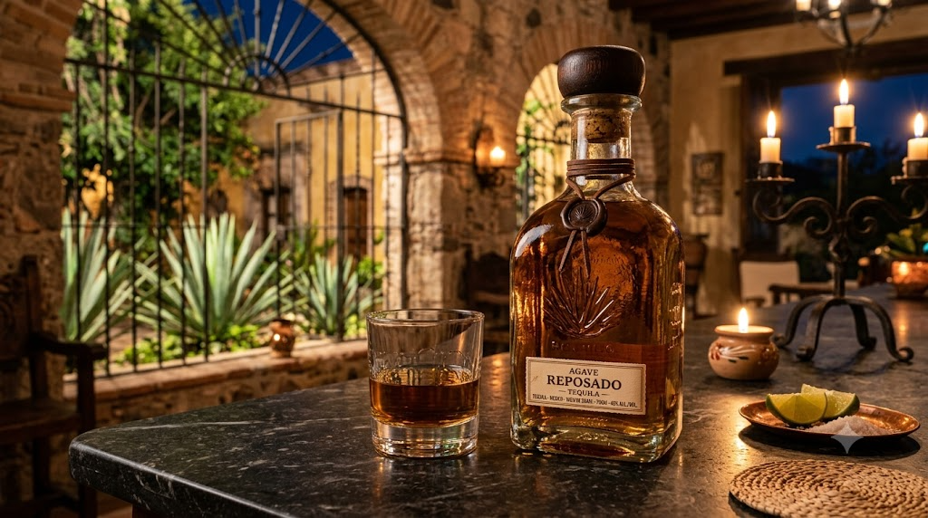 Chai rượu Don Julio tequila trên bàn đá cẩm thạch trong không gian hacienda Mexico sang trọng