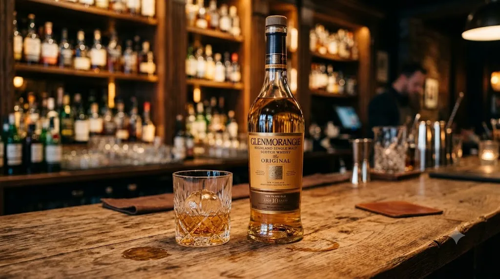 Chai rượu Glenmorangie Original Highland Single Malt Scotch Whisky trên quầy bar