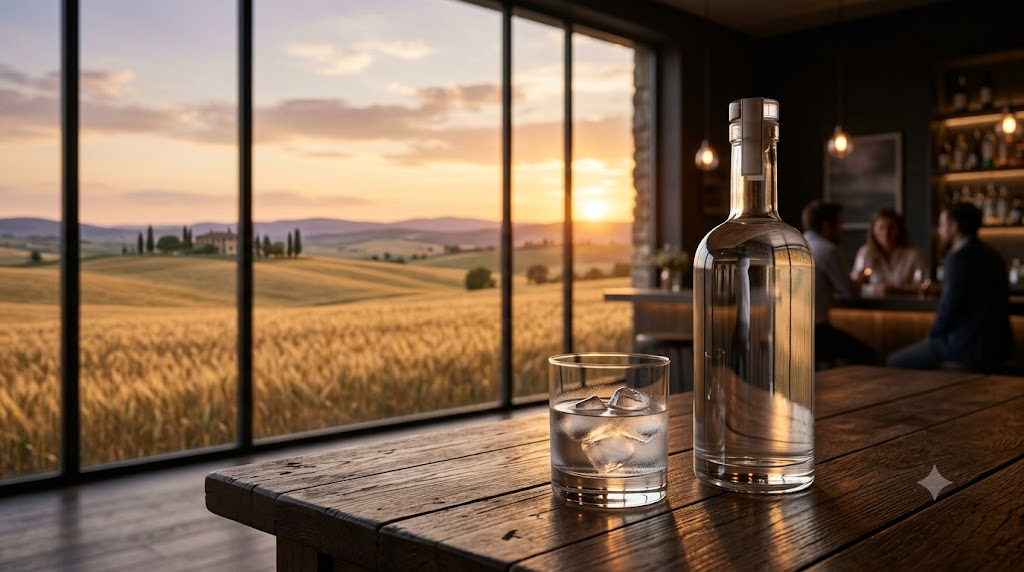 Chai vodka Grey Goose trong quán bar sang trọng nhìn ra cánh đồng lúa mì Pháp