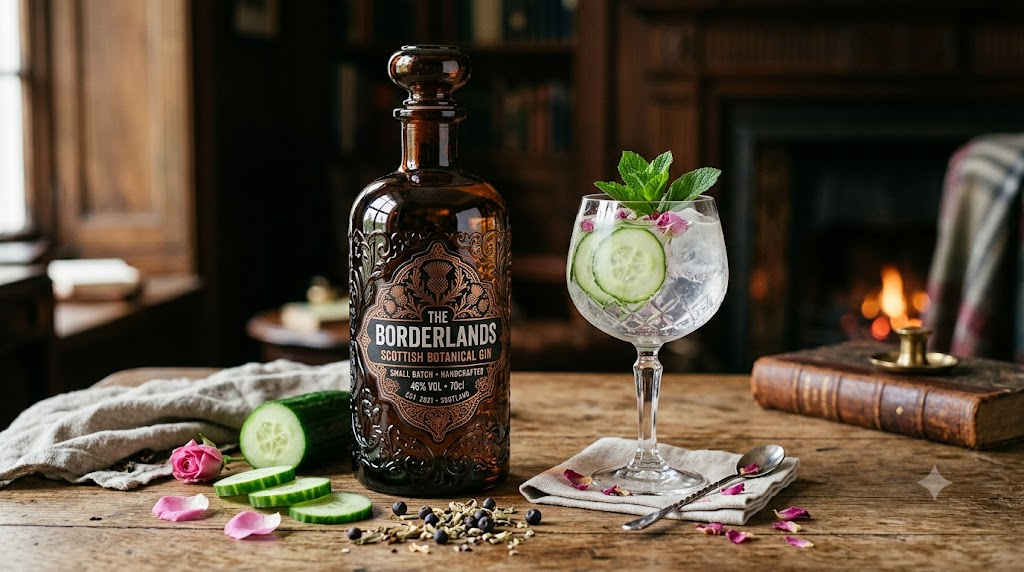 Chai gin kiểu bình dược cổ cùng dưa chuột và hoa hồng, phong cách Scotland