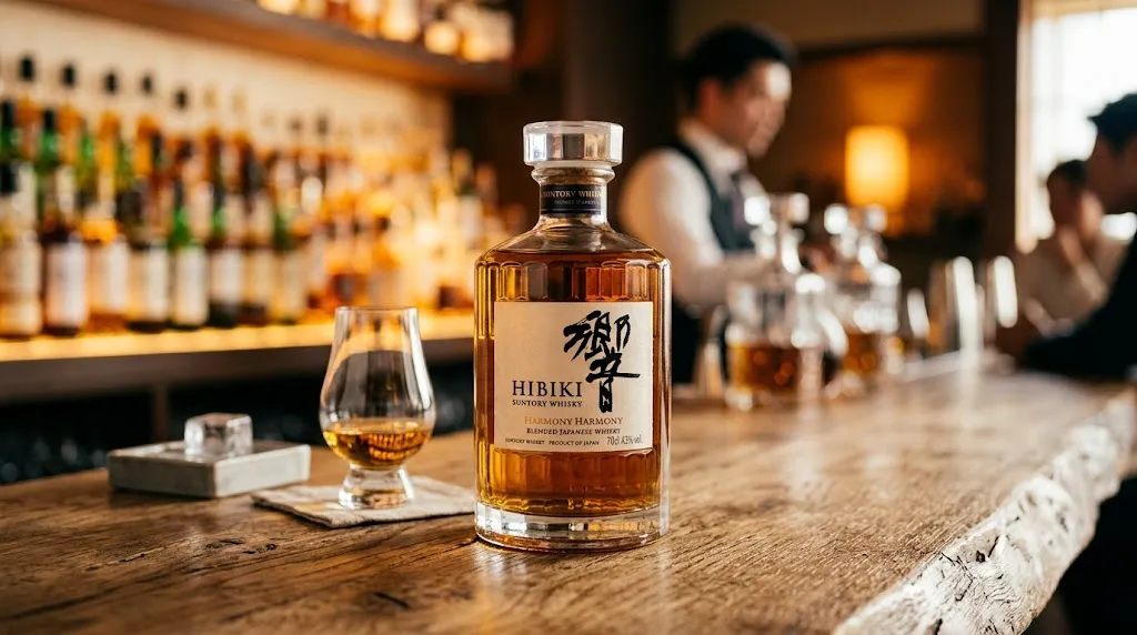 Chai rượu Hibiki Harmony Suntory Whisky Nhật Bản trên quầy bar