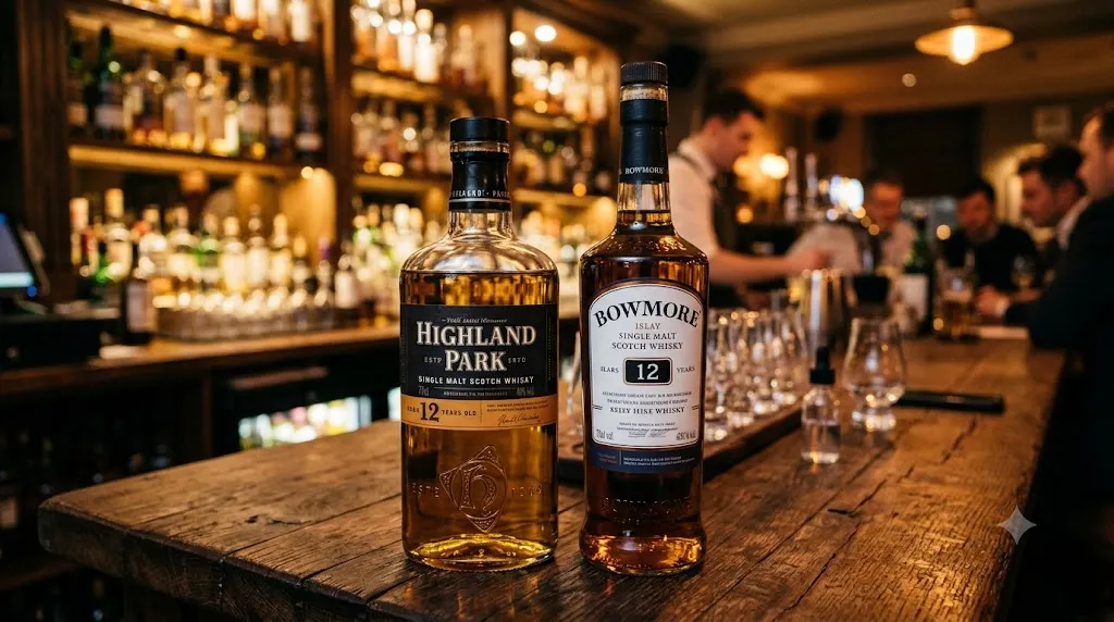 Chai rượu Highland Park 12 và Bowmore 12 Islay Single Malt Scotch Whisky