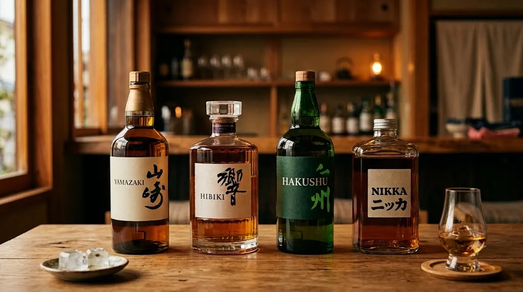 Các chai whisky Nhật Bản Yamazaki, Hibiki, Hakushu và Nikka