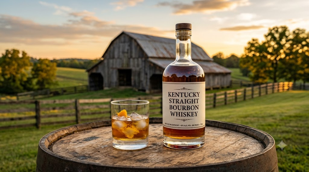 Chai rượu bourbon Kentucky trên thùng gỗ sồi cạnh kho ủ rượu lúc hoàng hôn
