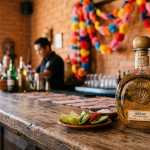 Chai rượu Jose Cuervo tequila trên quầy gỗ nhà hàng Mexico truyền thống