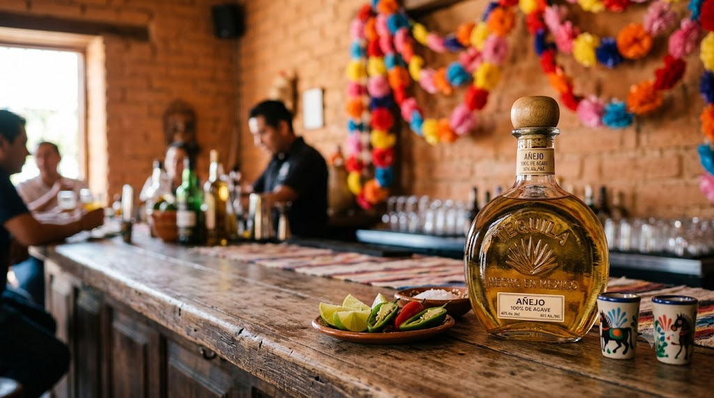 Chai rượu Jose Cuervo tequila trên quầy gỗ nhà hàng Mexico truyền thống