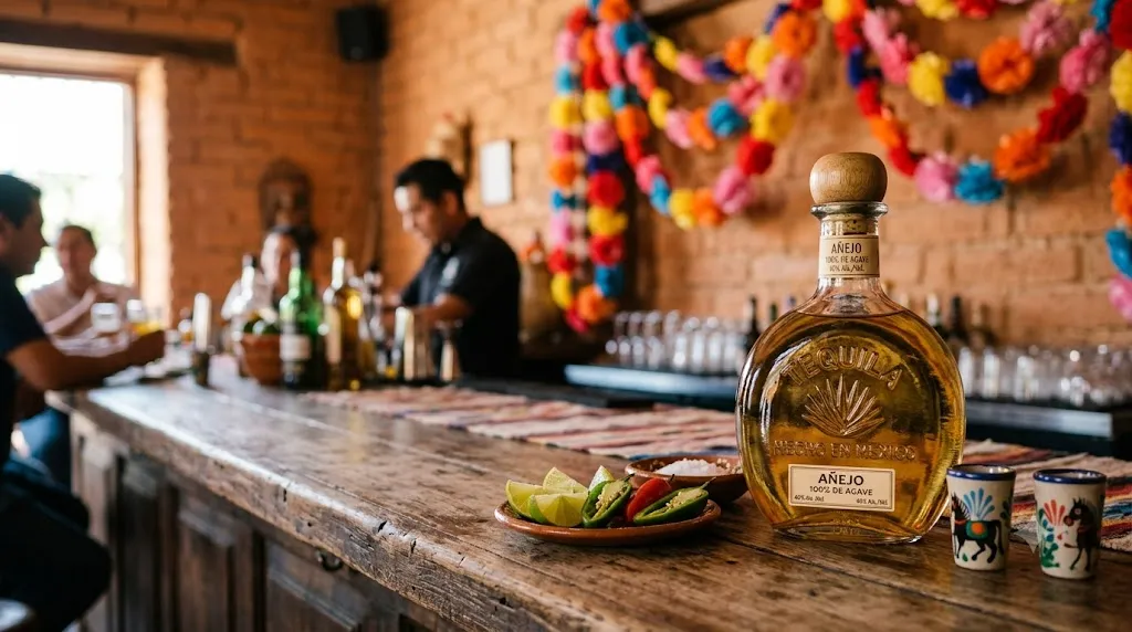 Chai rượu Jose Cuervo tequila trên quầy gỗ nhà hàng Mexico truyền thống