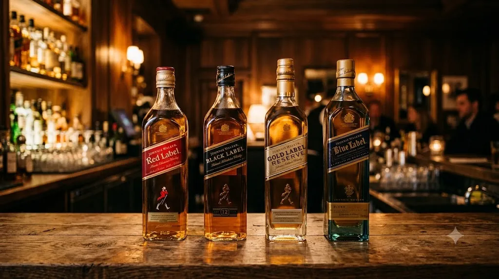 Johnnie Walker Red Label, Black Label, Gold Label Reserve và Blue Label xếp cạnh nhau