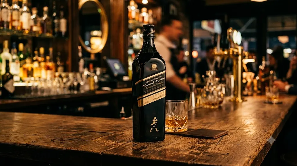 Chai rượu Johnnie Walker Double Black trên quầy bar