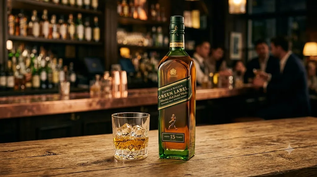 Chai rượu Johnnie Walker Green Label Aged 15 Years trên quầy bar