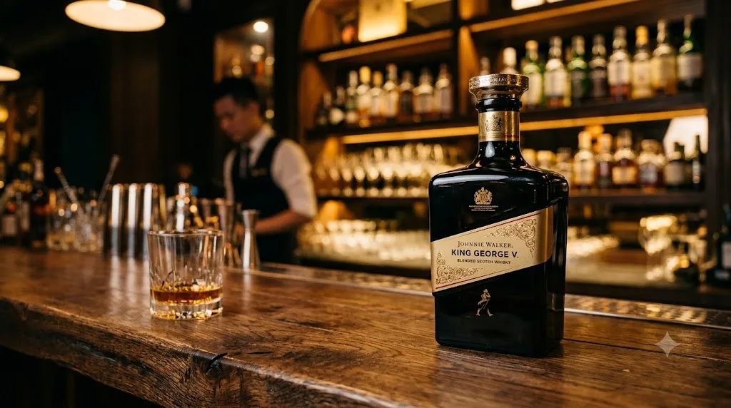 Chai rượu Johnnie Walker King George V Blended Scotch Whisky trên quầy bar