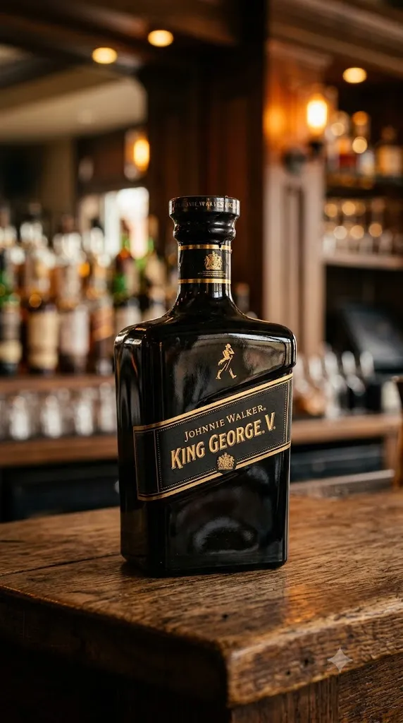 Chai rượu Johnnie Walker King George V trên bàn gỗ, quầy bar