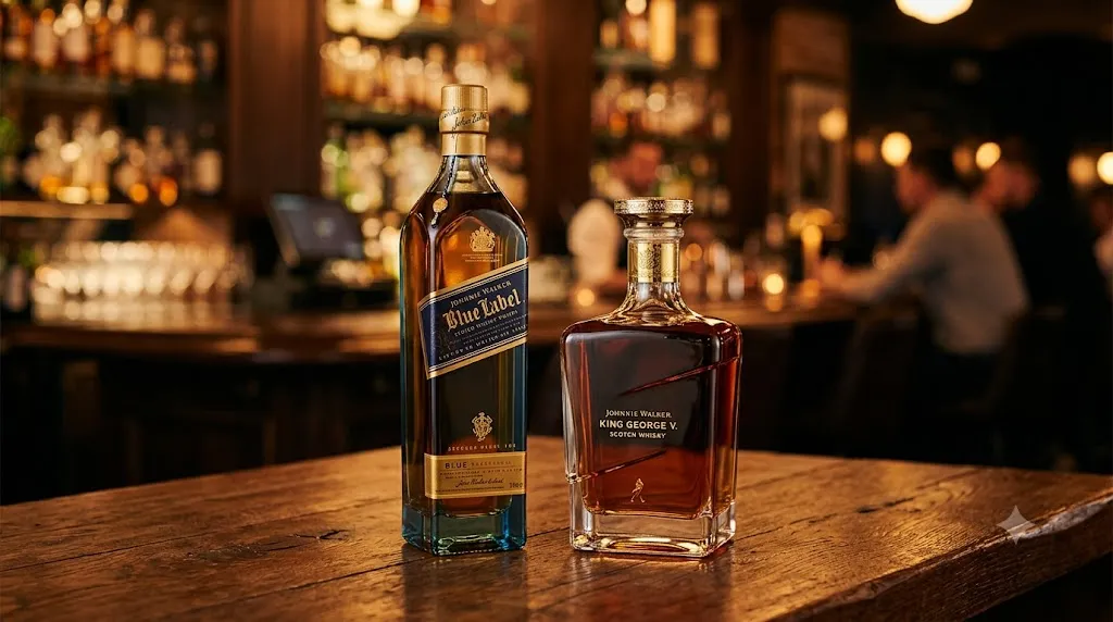 Chai Johnnie Walker Blue Label đặt cạnh chai King George V trên quầy bar gỗ