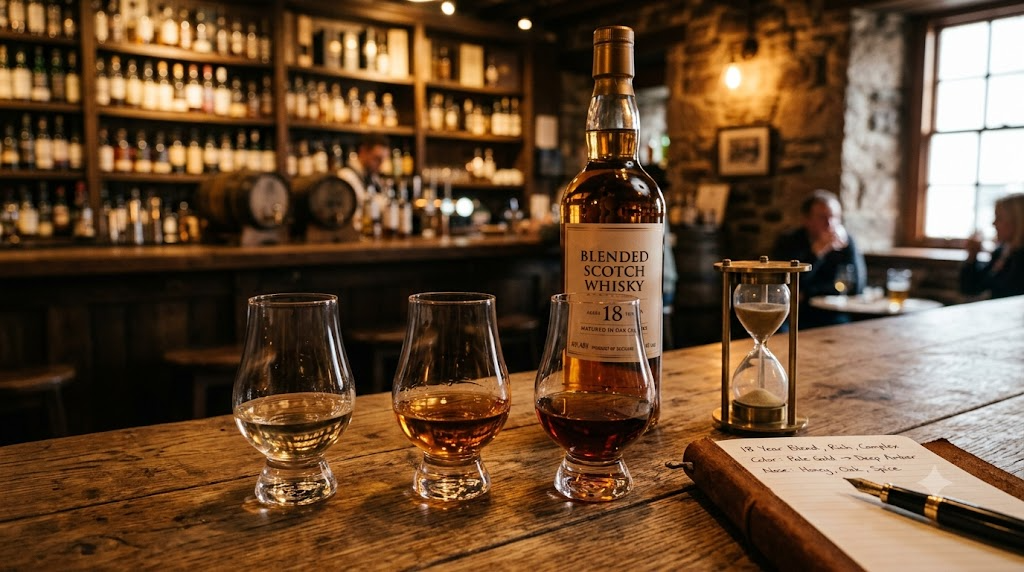 Ba ly whisky từ nhạt đến đậm cạnh chai blended 18 năm, đồng hồ cát và sổ ghi chép