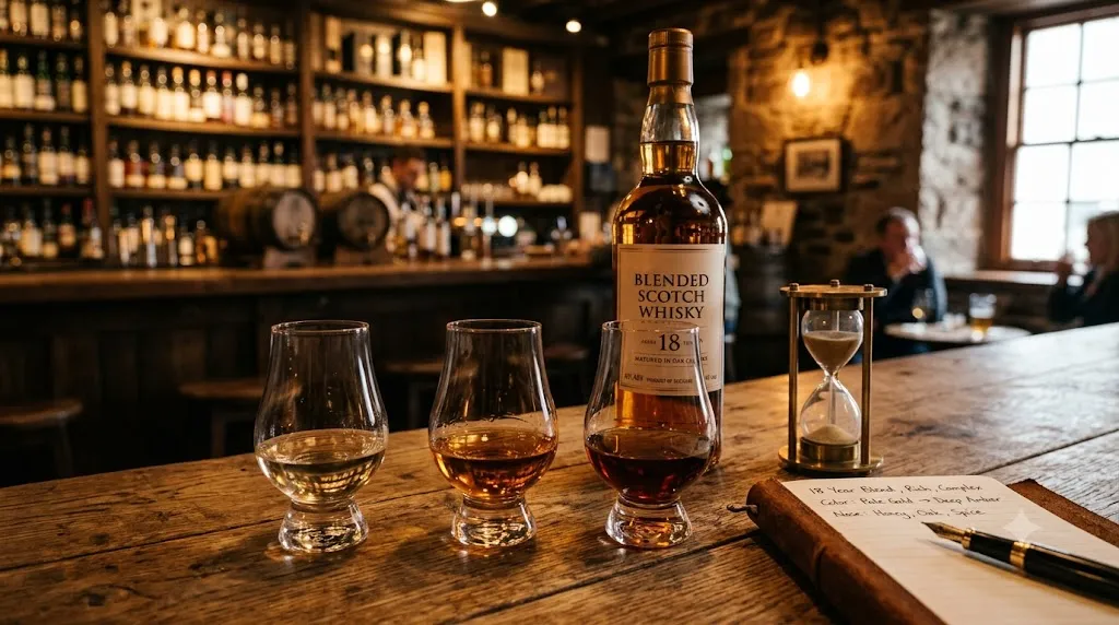 Ba ly whisky từ nhạt đến đậm cạnh chai blended 18 năm, đồng hồ cát và sổ ghi chép