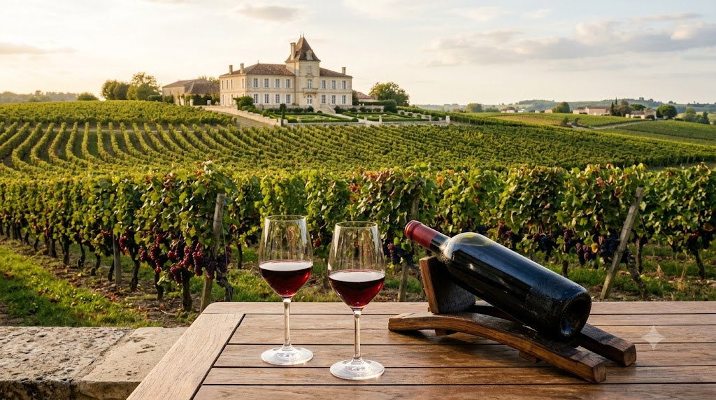 Cánh đồng nho Bordeaux với lâu đài đá, hai ly vang đỏ và chai vang nằm trên giá gỗ