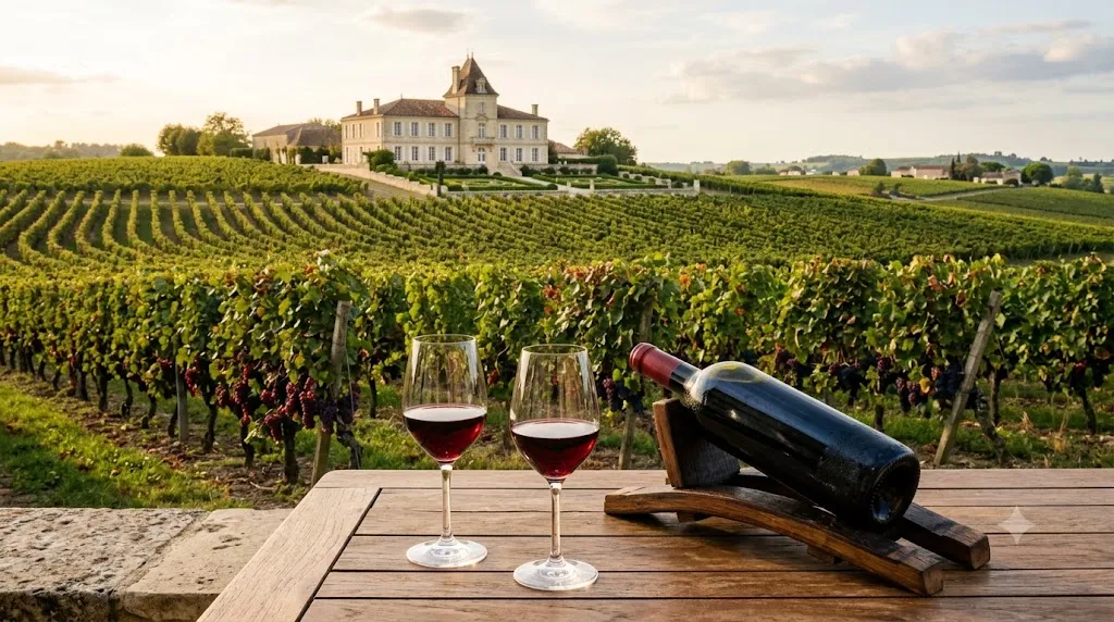 Cánh đồng nho Bordeaux với lâu đài đá, hai ly vang đỏ và chai vang nằm trên giá gỗ