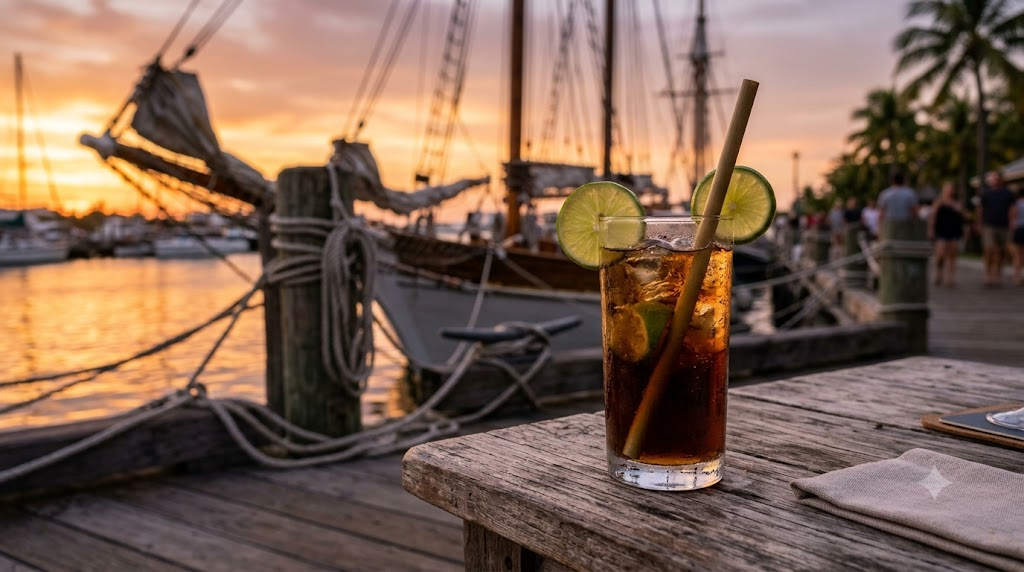 Ly rum cola với lát chanh và đá viên trên bàn gỗ bến cảng, thuyền buồm mờ phía sau lúc hoàng hôn