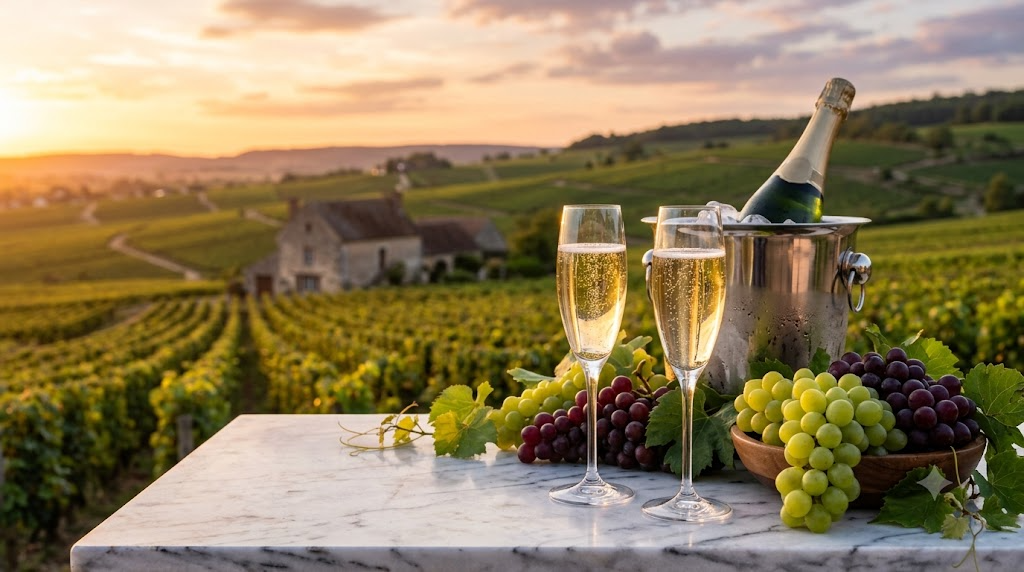 Hai ly champagne sủi bọt và xô đá bạc trước cánh đồng nho vùng Champagne lúc hoàng hôn