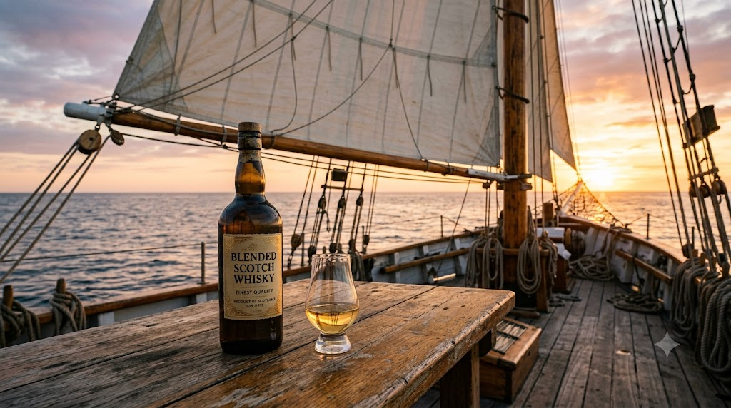 Chai rượu whisky Scotch blended nhãn vàng trên boong tàu buồm cổ, phong cách Cutty Sark
