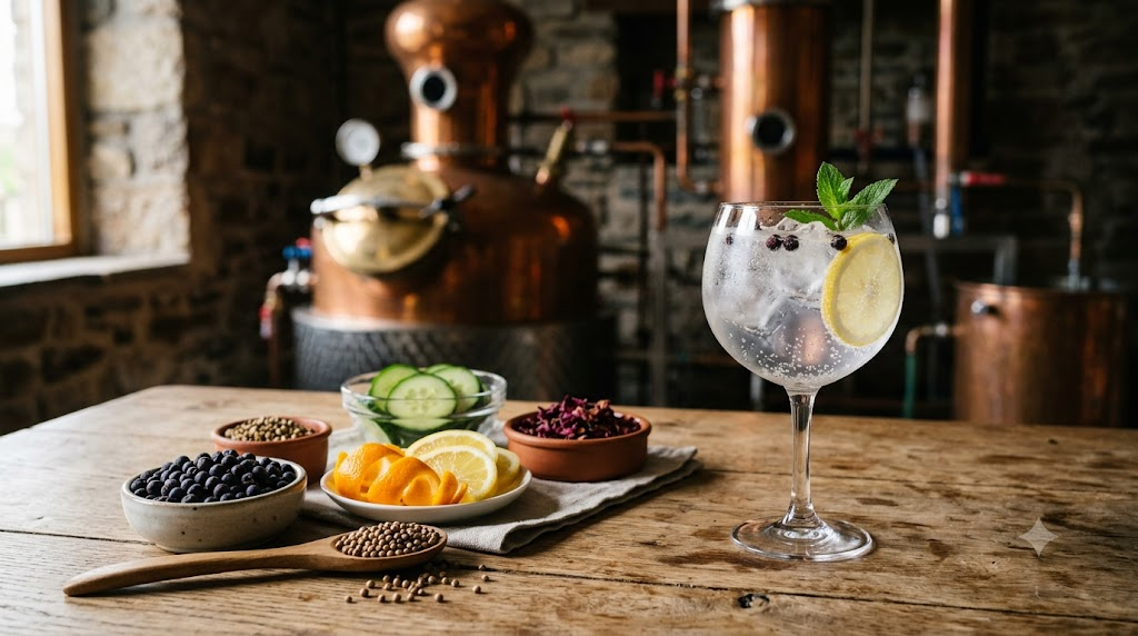 Quả bách xù, rau mùi, vỏ cam, dưa chuột và ly gin tonic trước nồi chưng cất đồng