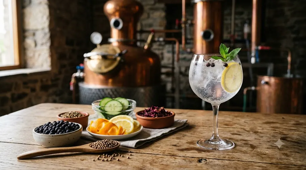 Quả bách xù, rau mùi, vỏ cam, dưa chuột và ly gin tonic trước nồi chưng cất đồng