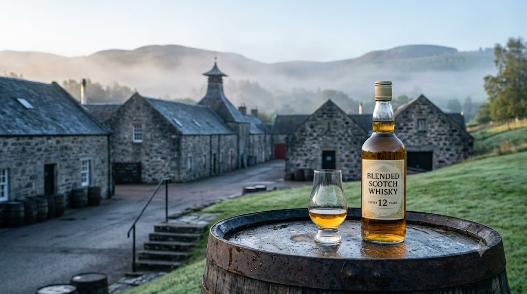 Chai rượu whisky Scotch blended dáng tam giác cùng thùng gỗ tại nhà máy chưng cất Speyside