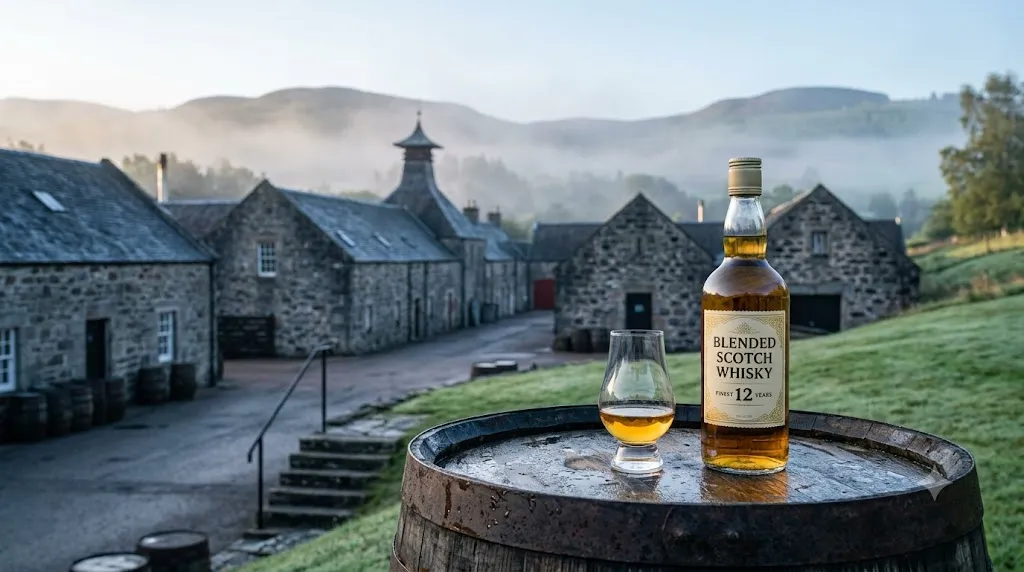 Chai rượu whisky Scotch blended dáng tam giác cùng thùng gỗ tại nhà máy chưng cất Speyside