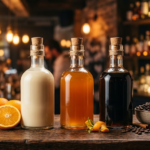 Ba chai rượu mùi màu kem, cam và nâu cà phê trên quầy bar gỗ, không nhãn hiệu