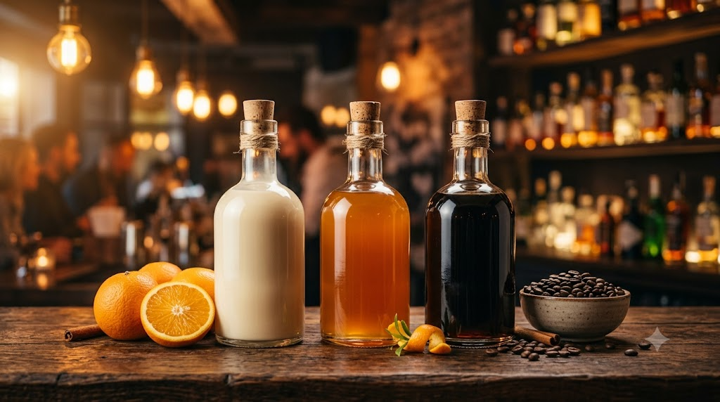 Ba chai rượu mùi màu kem, cam và nâu cà phê trên quầy bar gỗ, không nhãn hiệu