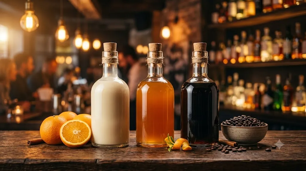 Ba chai rượu mùi màu kem, cam và nâu cà phê trên quầy bar gỗ, không nhãn hiệu