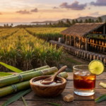 Cây mía tươi, bát mật mía và ly rum hổ phách trước cánh đồng mía vùng Caribe lúc hoàng hôn