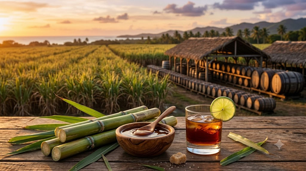 Cây mía tươi, bát mật mía và ly rum hổ phách trước cánh đồng mía vùng Caribe lúc hoàng hôn