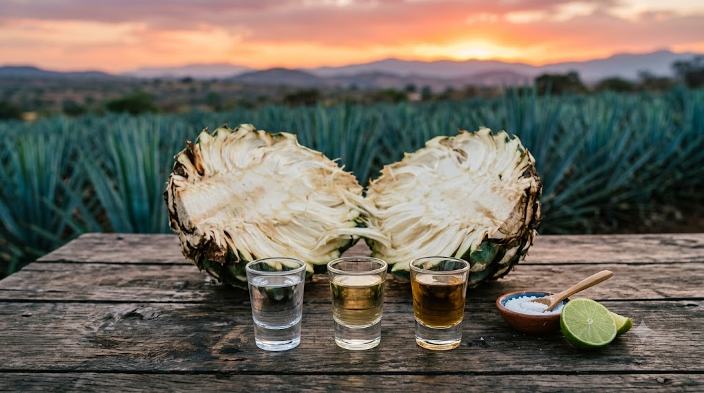 Củ agave cưa đôi cùng ba ly tequila từ trong suốt đến hổ phách đậm trên bàn gỗ