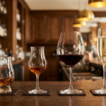 Bốn loại ly whisky, cognac, vang đỏ và champagne xếp hàng trên quầy bar gỗ